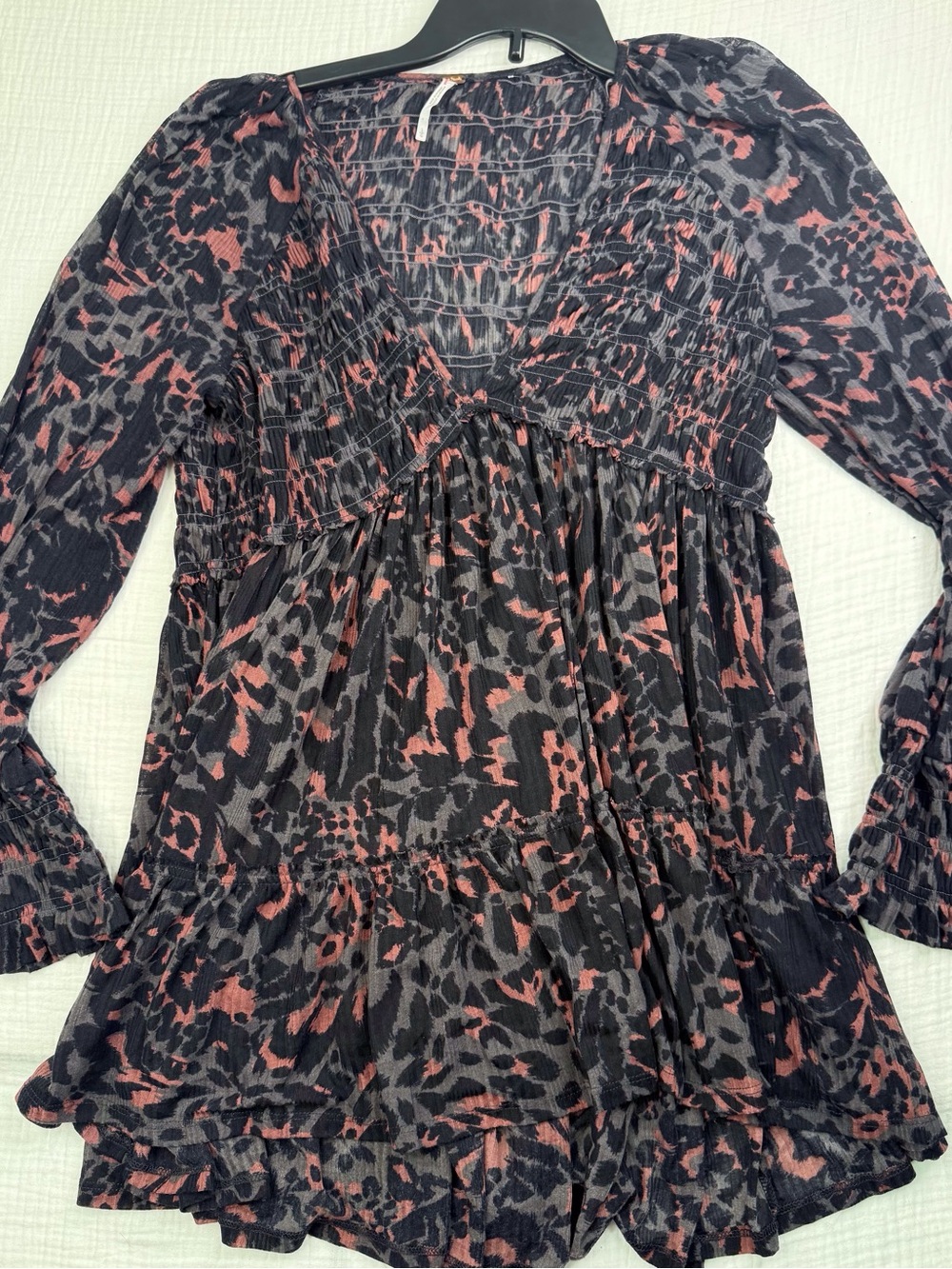 Smocked V-Neck Tunic in Black and Dusty Rose Animal Print